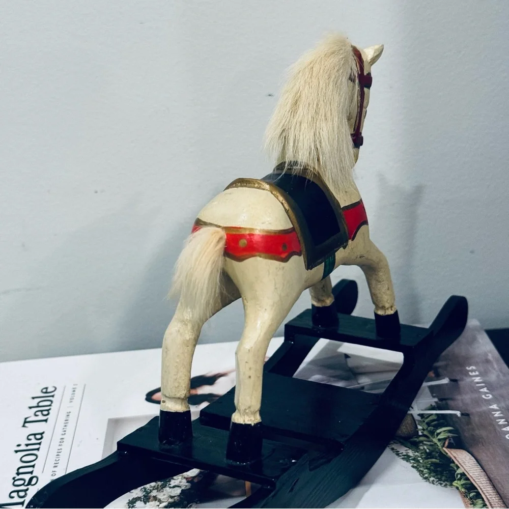 Vintage Carousel Rocking Horse 1940s Carved Wood Hand Painted Real Fur